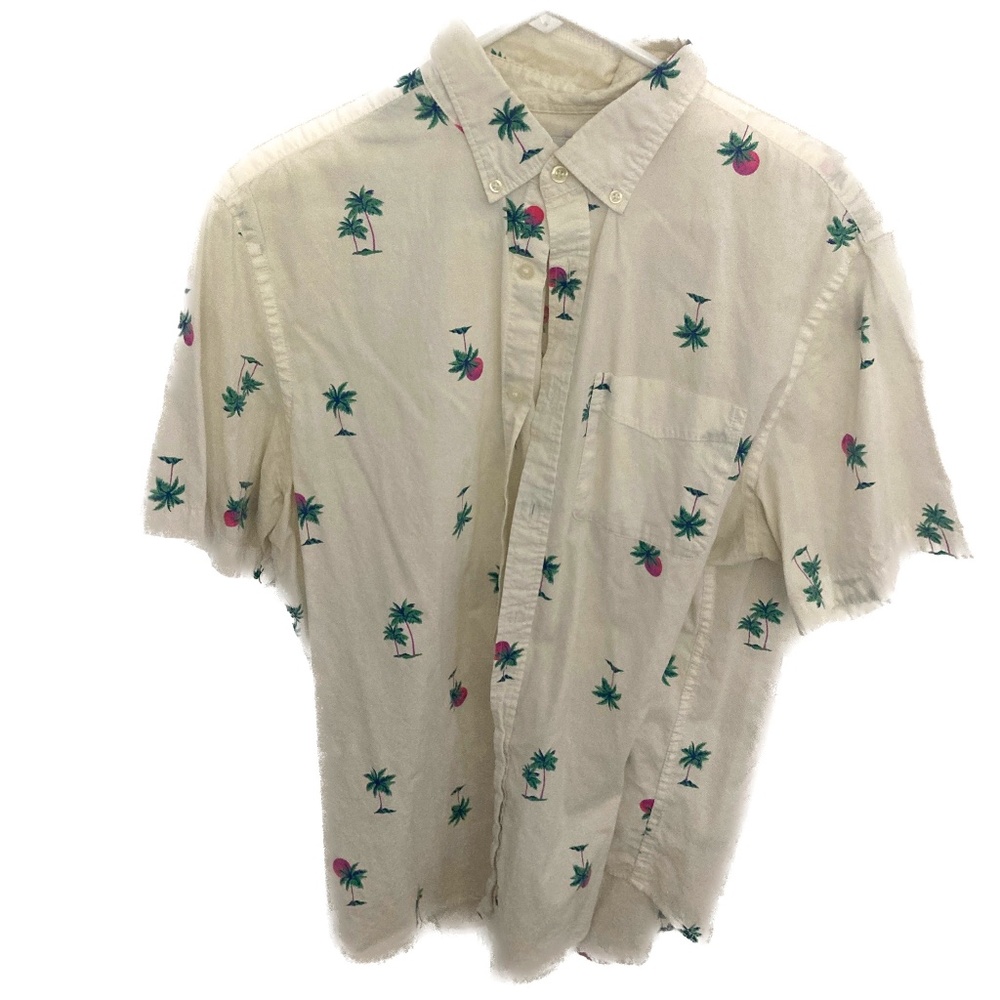 Old Navy Slim-Fit Short Sleeve Shirt, Men's Large, White w/Green Palm Trees